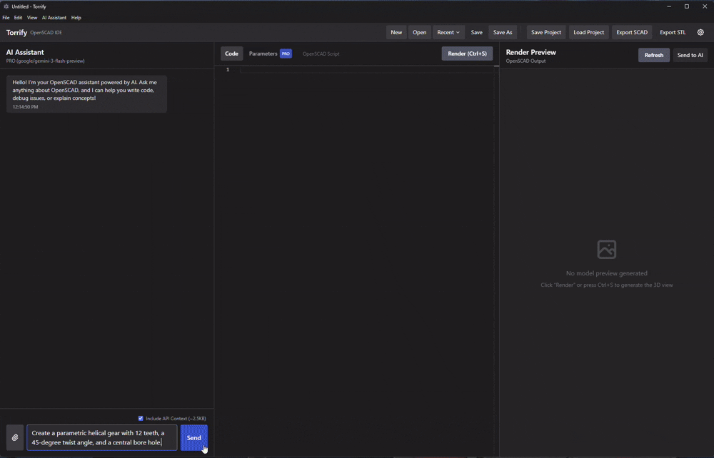 Animated demo of Torrify in use: AI chat, 3D preview, and parameter panel for adjusting the model