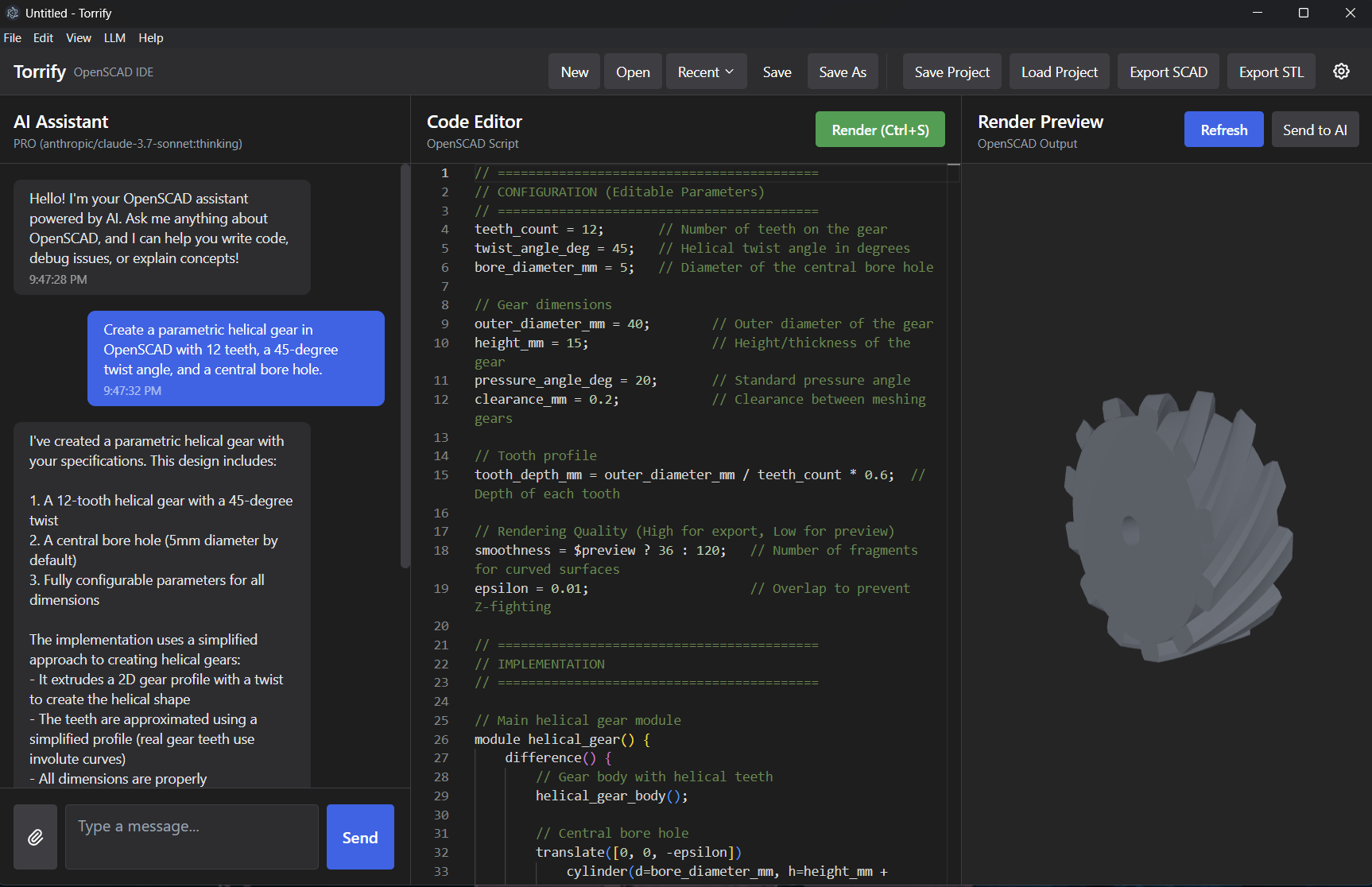 Torrify IDE with AI chat, 3D preview, and OpenSCAD editor for parametric modeling